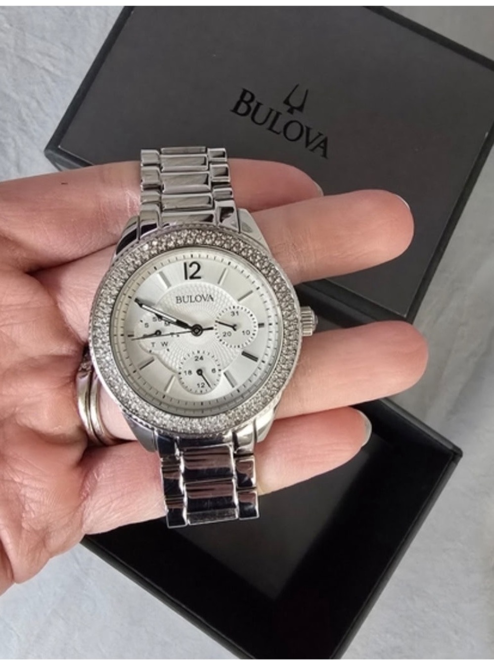 Bulova Women’s Crystal Accent Watch – Silver Tone – Excellent Condition with Box